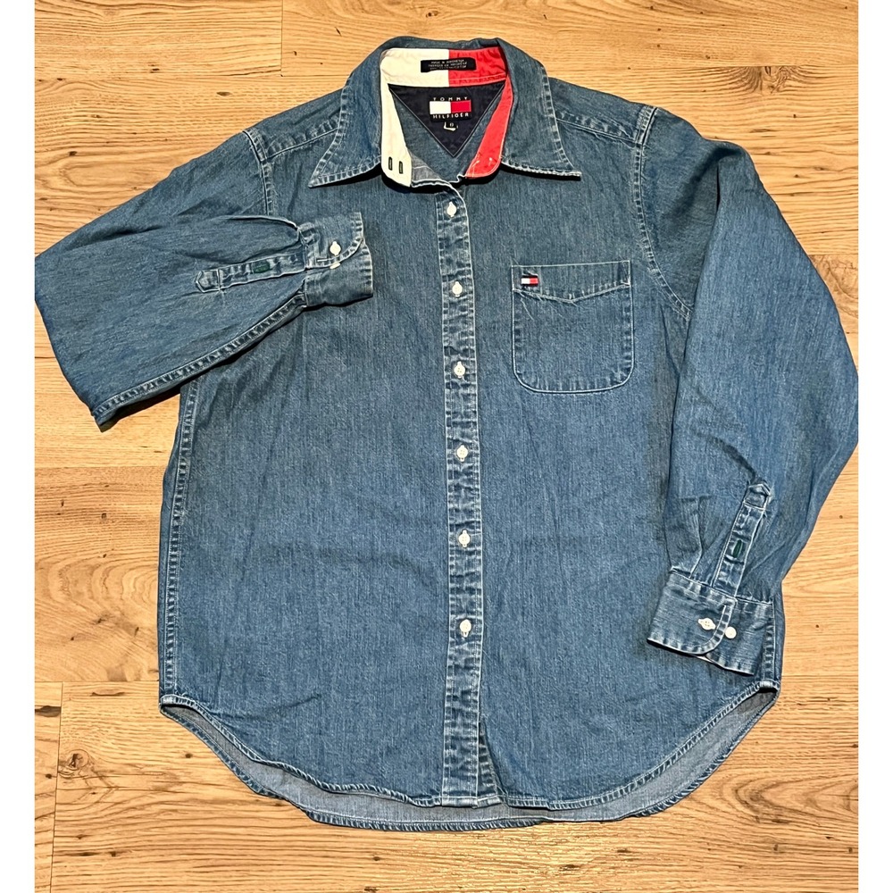 Tommy Hilfiger Denim Shirt Women 8 Blue Button Down Long Sleeve Striped Cuff 90s - Picture 2 of 8
